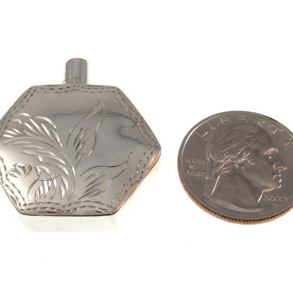 Solid 925 Sterling Silver Etched Floral Hexagon Perfume Bottle with Dip Stick - Picture 2 of 8